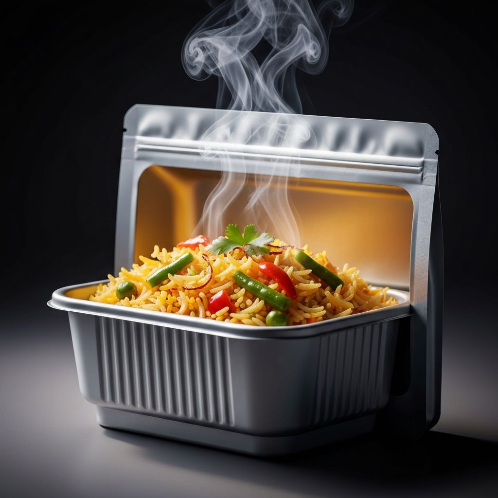 Self-heating meal with steaming rice